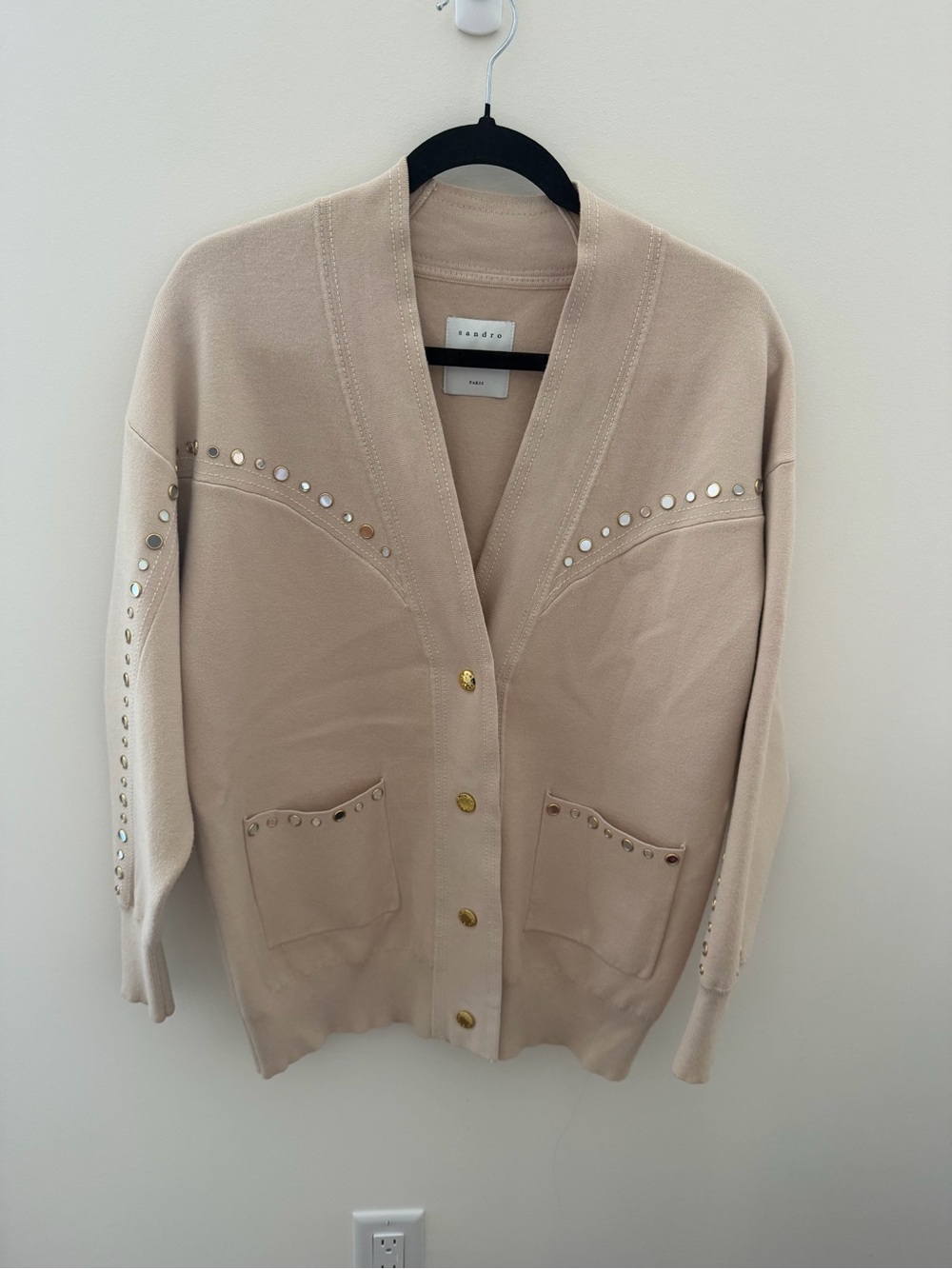 Sandro Beige Stud-Embellished V-Neck Cardigan
